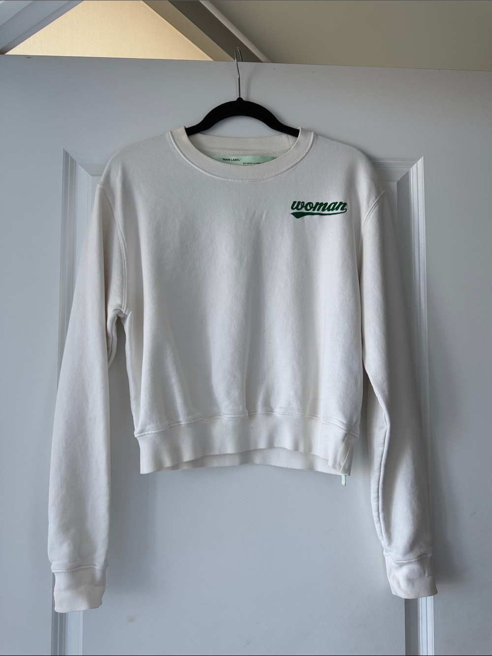 Off-White White Cropped Crewneck Sweatshirt with Green 'woman' Script
